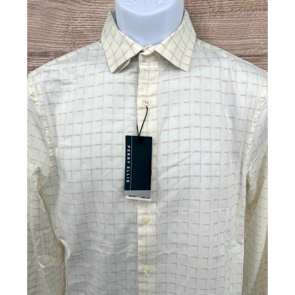 PERRY ELLIS White & Beige Oeko-Tex Cotton Button Down Shirt Men's Small NEW